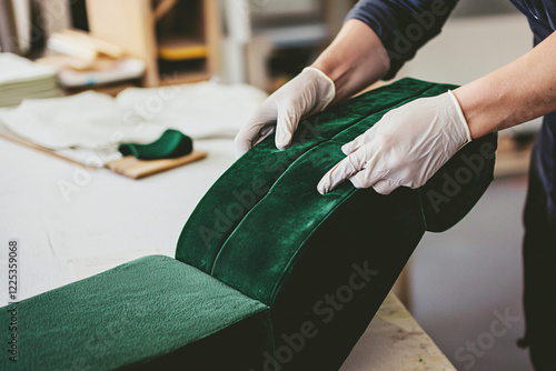 professional upholsterer securing emerald velvet to curved lounge