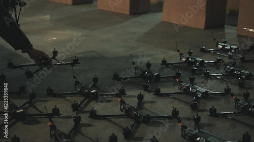 Young people lay out fpv drones and quadcopters on the floor.