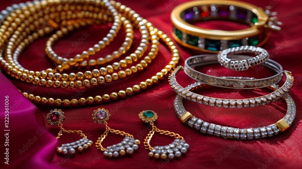 **A stunning flat lay featuring layered gold chains, gemstone-studded earrings, and shimmering silver bangles on a deep red background, exuding sophistication. **A stunning flat lay featuring layered gold chains, gemstone-studded earrings, and shimmering silver bangles on a deep red background, exuding sophistication.