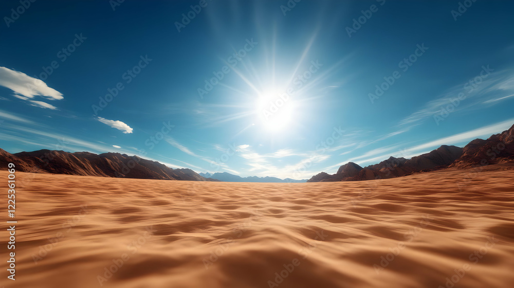 A serene desert landscape under a vibrant sky with a shining sun illuminating the golden sands and majestic mountains. A serene desert landscape under a vibrant sky with a shining sun illuminating the golden sands and majestic mountains.
