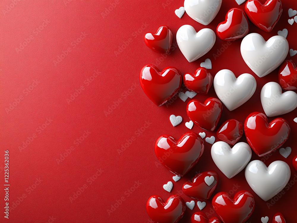 The image features a red background with numerous white and red heart-shaped objects scattered around, creating a festive and romantic atmosphere. The image features a red background with numerous white and red heart-shaped objects scattered around, creating a festive and romantic atmosphere.