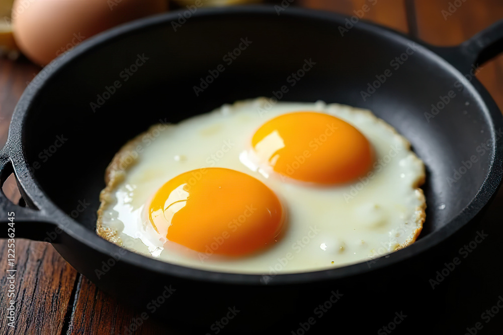 Two sunny side up eggs with vibrant yolks are cooked in black cast iron skillet on wooden surface Two sunny side up eggs with vibrant yolks are cooked in black cast iron skillet on wooden surface