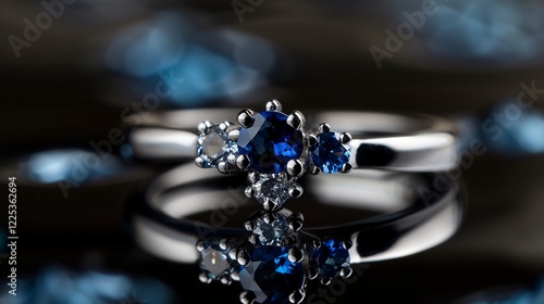 **A stunning jewelry ring with a sapphire and blue topaz combination, placed on a glossy black surface with soft light illuminating its brilliance. photo