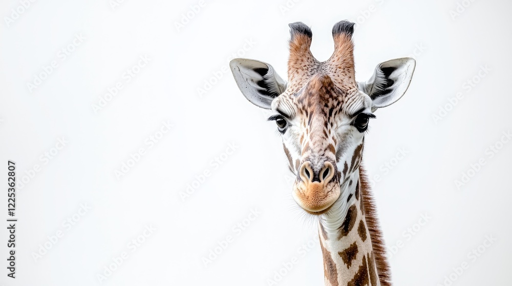 Fototapeta premium Curious giraffe portrait, wildlife closeup, white background, animal photography for advertising