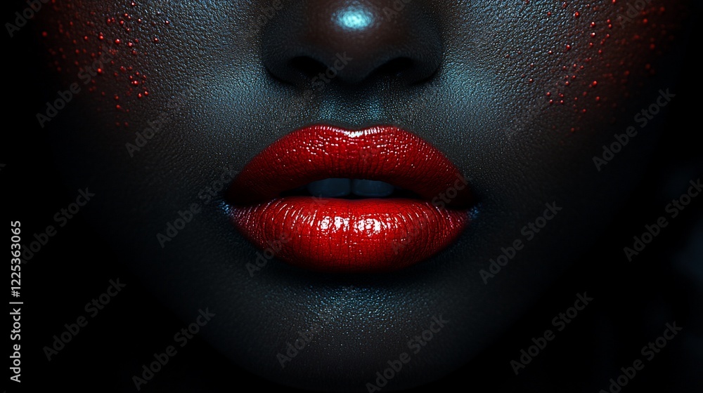 Obraz premium Close-up Shot of a Woman's Lips with Red Lipstick, Dark Skin and Red Glitter