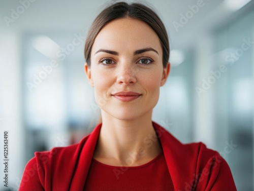 Free Download Confident young woman in a red blazer smiling in a modern office environment, showcasing professionalism and empowerment in a vibrant setting - GFXLoad