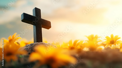 A serene scene featuring a wooden cross surrounded by vibrant yellow flowers under a soft, glowing sky. photo