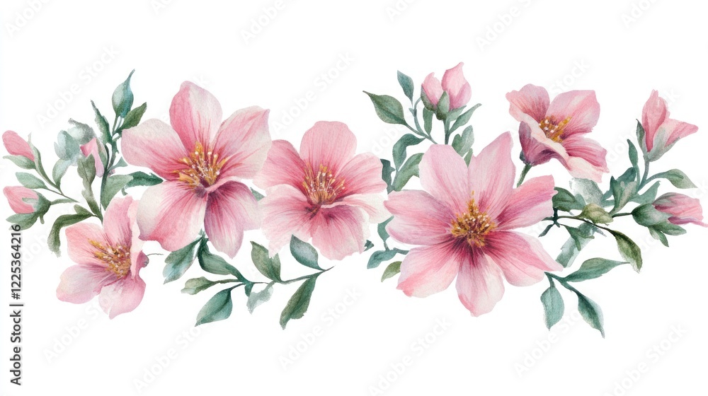 A cute border of pink flowers and greenery, pastel watercolor clipart on a white background A cute border of pink flowers and greenery, pastel watercolor clipart on a white background