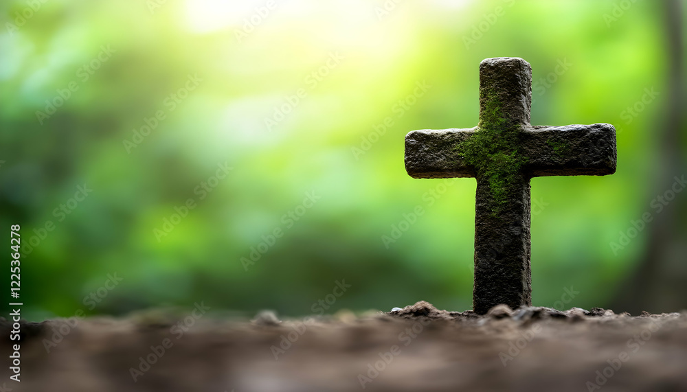 A serene stone cross surrounded by lush greenery, symbolizing faith and tranquility in nature. A serene stone cross surrounded by lush greenery, symbolizing faith and tranquility in nature.