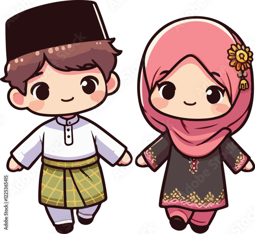 Cute muslim boy and girl. Happy Ramadan, Happy Fasting Day. Selamat Hari Raya Aidilfitri greeting card cartoon character.