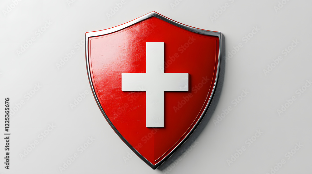Fototapeta premium Red Shield with White Cross Symbol of Protection