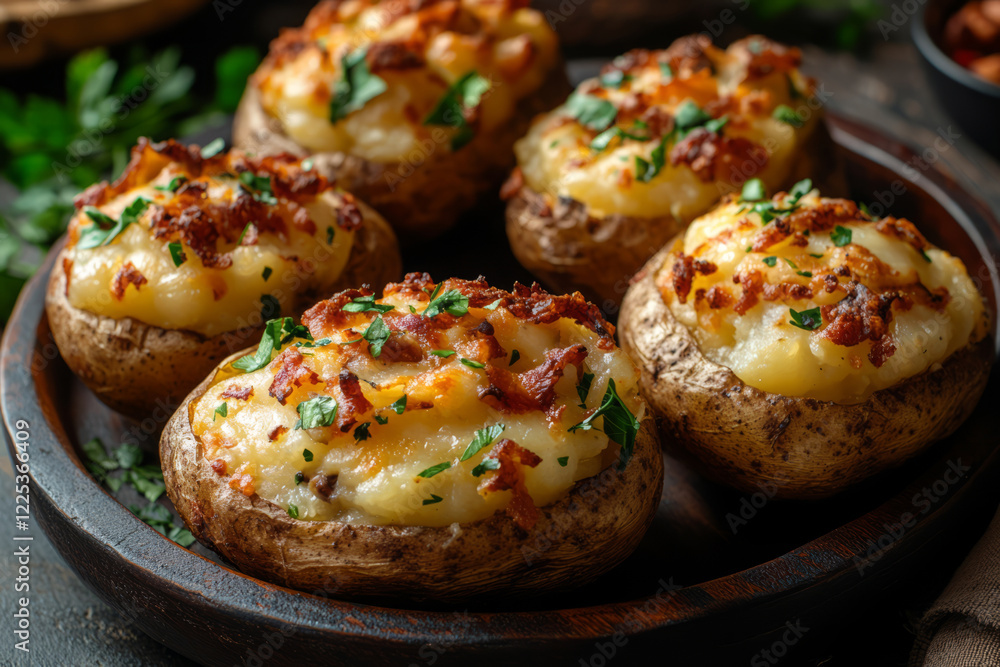 Potatoes stuffed with melted cheese, crispy bacon, and fresh parsley Potatoes stuffed with melted cheese, crispy bacon, and fresh parsley