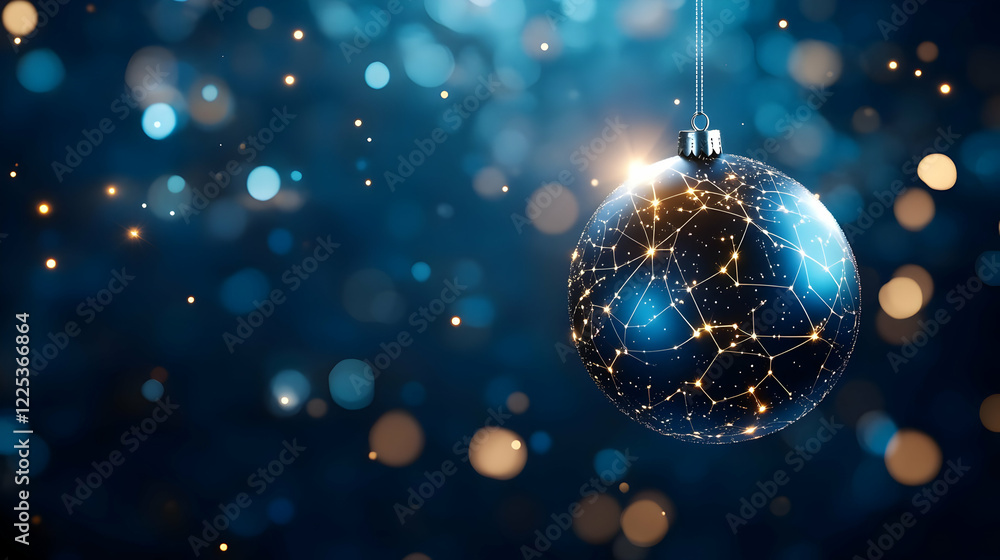 A shimmering blue Christmas ornament hanging against a blurred background of sparkling lights. A shimmering blue Christmas ornament hanging against a blurred background of sparkling lights.