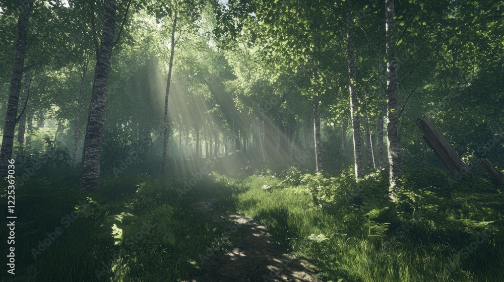 Fototapeta premium Sunbeams Illuminate a Lush Green Forest Path