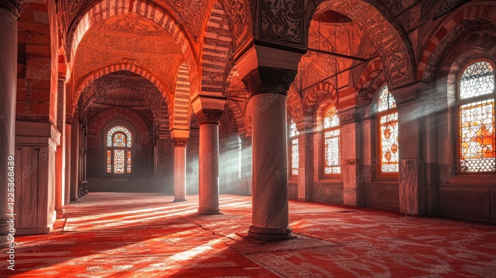 Obraz premium Sunlit Mosque Interior Columns Arches and Stained Glass