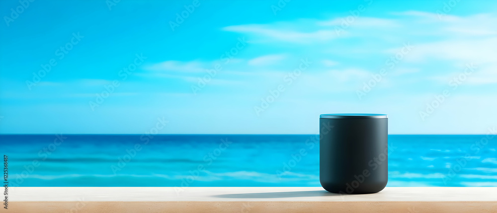 A sleek speaker sits by the ocean, blending technology with a serene coastal view for relaxation and music enjoyment. A sleek speaker sits by the ocean, blending technology with a serene coastal view for relaxation and music enjoyment.