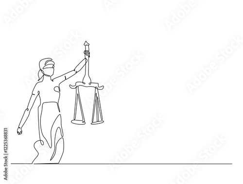 Continuous line art drawing of Themis goddess with scale. Blind lady justice with scales in hand- single line art drawing vector illustration. Editable stroke.