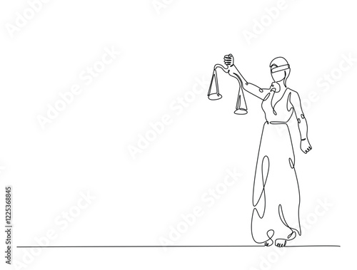 Continuous line art drawing of Themis goddess with scale. Woman justice with scales in hand- single line art drawing vector illustration. Editable stroke.