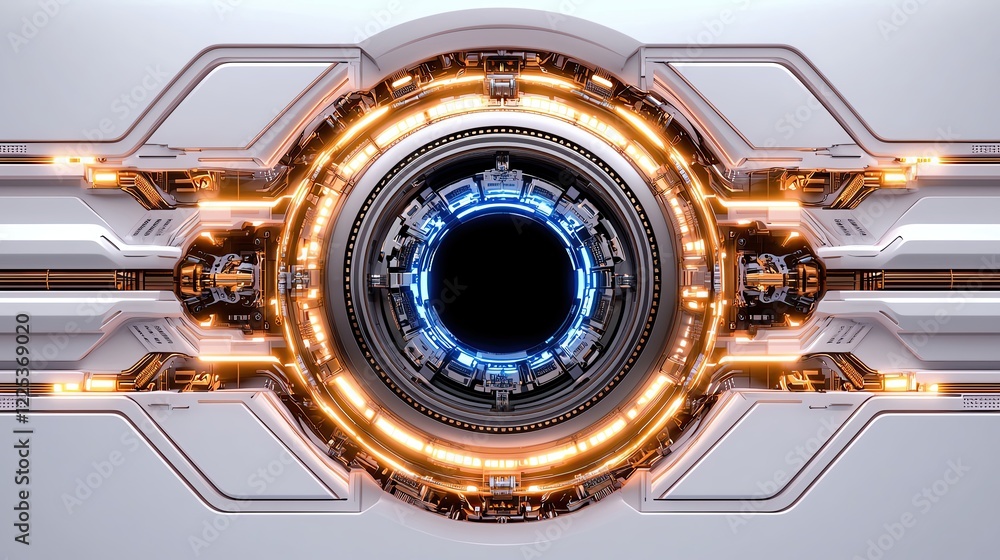 Engineering and Mechanical Blueprints of Futuristic technology design featuring an intricate circular pattern with glowing lights and a central dark element. Engineering and Mechanical Blueprints of Futuristic technology design featuring an intricate circular pattern with glowing lights and a central dark element.