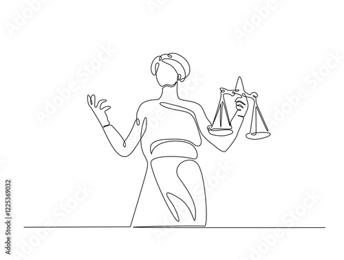 Continuous line art drawing of Themis goddess with scale. Blind lady justice with scales in hand- single line art drawing vector illustration. Editable stroke.