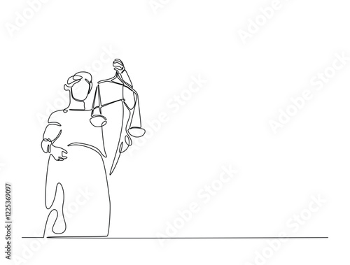 Continuous line art drawing of Themis goddess with scale. Blind lady justice with scales in hand- single line art drawing vector illustration. Editable stroke.