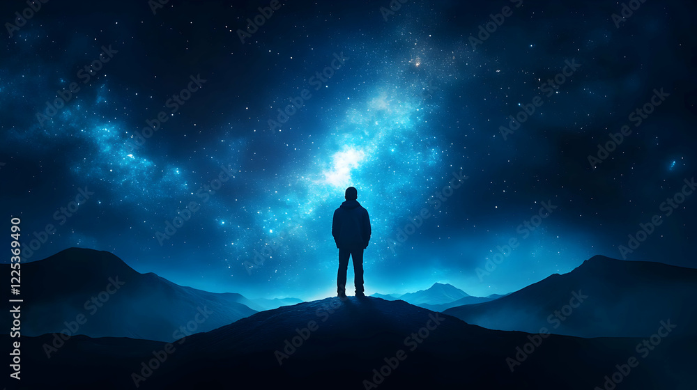 Fototapeta premium A solitary figure stands under a starry night sky, contemplating the vastness of the universe and their place within it.
