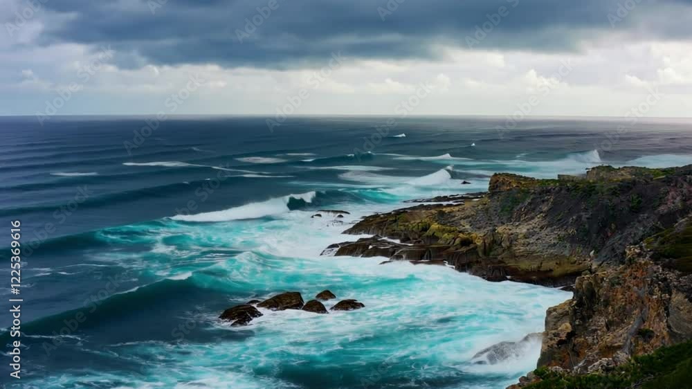 Aerial view of ocean waves rolling and crashing on a rocky beach Aerial view of ocean waves rolling and crashing on a rocky beach