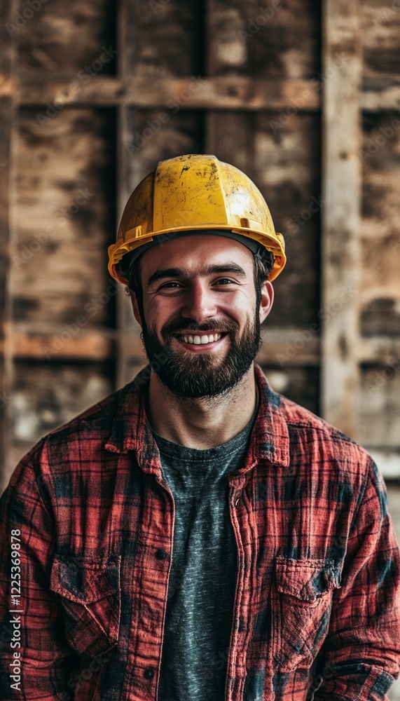 Handsome Construction Worker Wearing Yellow Helmet, Smiling at Camera in Industrial Setting Handsome Construction Worker Wearing Yellow Helmet, Smiling at Camera in Industrial Setting