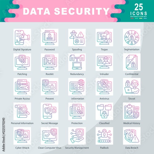 Data Security icon set containing Digital Signature, Password, Spoofing, Trojan, Segmentation, Patching, Redundancy, Intruder, Confidential, Prevent icon. Simple gradian vector