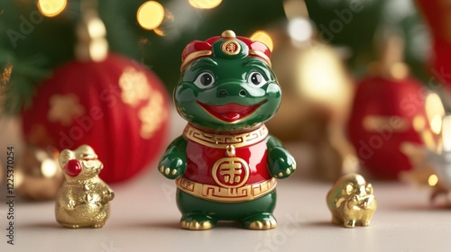 Adorable Green Dragon Figurine In Festive Holiday Setting. Gold Accents, Red Ornaments, And A Golden Mouse Add To The Charm. photo