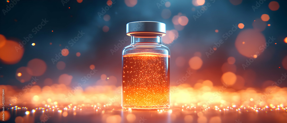 A sparkling orange liquid in a glass vial, with a dreamy bokeh background, representing innovation and discovery. A sparkling orange liquid in a glass vial, with a dreamy bokeh background, representing innovation and discovery.