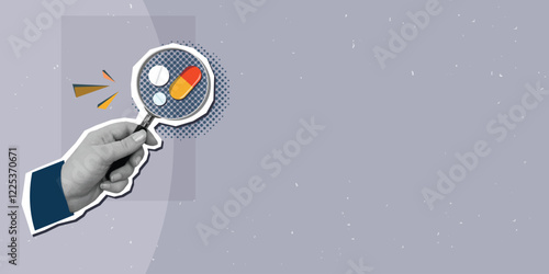 Man looking at pills through a magnifying glass, place for text. Modern collage style. Vector illustration