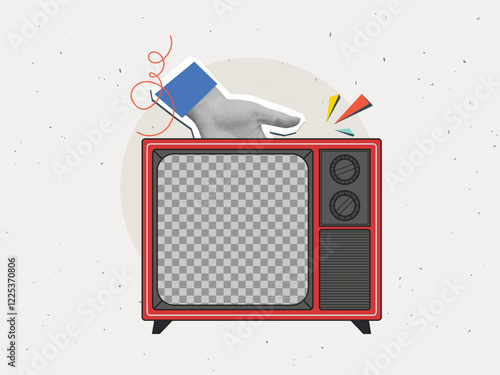 Black and white hand holding retro TV with empty screen. Vintage electronics.Modern collage style. Vector illustration