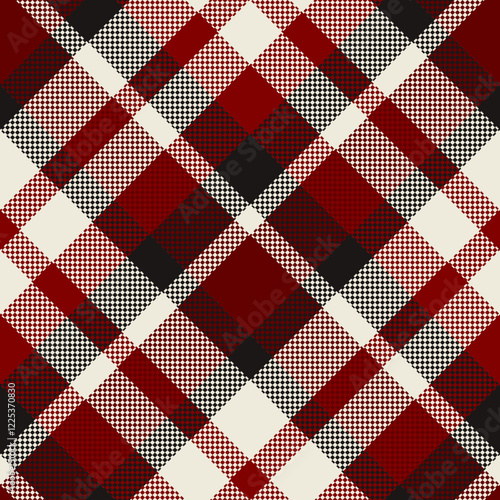 Traditional Scottish Tartan Plaid Design in Red, Black, and White for Fabric. Elegant Checkered Plaid Pattern. Vintage Textile Background. Seamless Fabric Texture. Vector illustration.