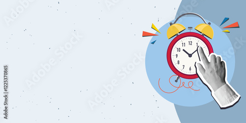 Hand moves alarm clock arrow , place for text. Modern collage style. Vector illustration
