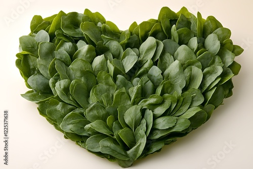 A heart-shaped arrangement of fresh mint leaves is perfectly centered on a white surface. The sharp focus and high contrast emphasize the vibrant green color and natural texture of the mint,  photo