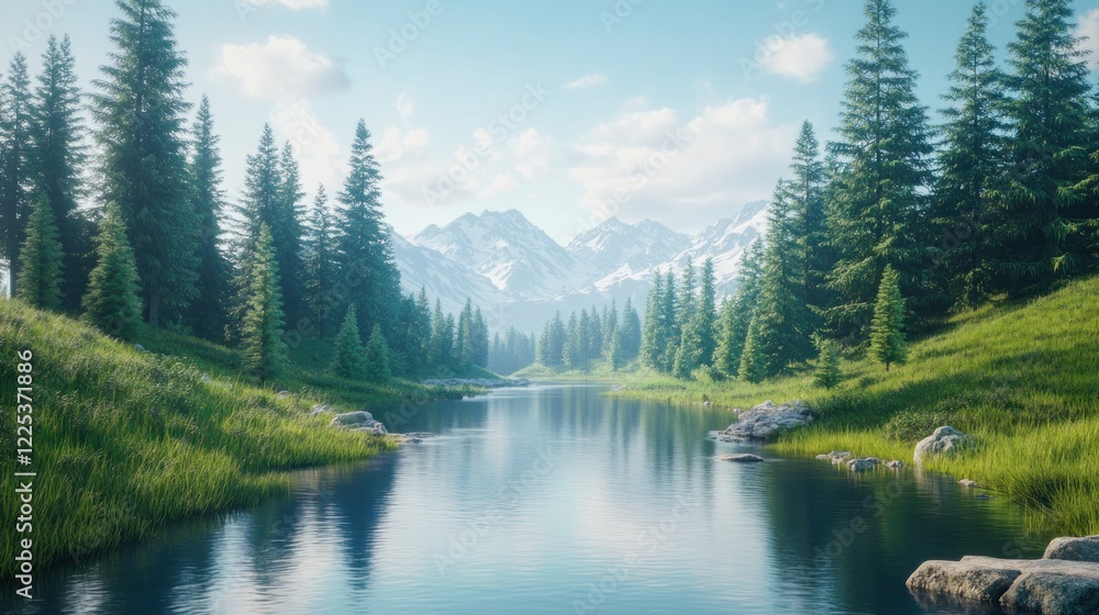 Serene Mountain Lake Surrounded by Lush Green Pine Trees Serene Mountain Lake Surrounded by Lush Green Pine Trees