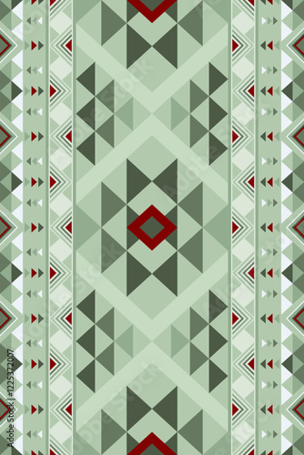 Seamless Abstract Tribal Style Pattern with Triangle and Diamond Shapes. Ethnic Geometric Design in Green and Red Tones. Decorative Tribal Background. Vector illustration.