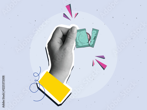 Hand holding opened condom. Modern collage style. Vector illustration