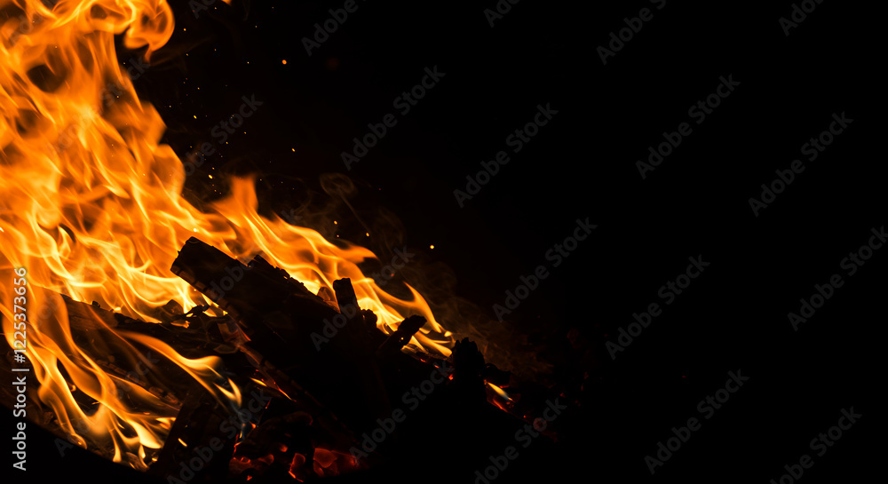 Obraz premium Fiery Bonfire Burning Bright at Night, Close-Up View