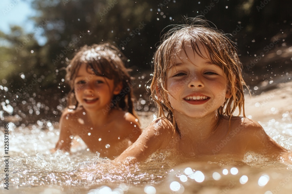 Obraz premium Two young children are happily swimming and splashing in a river on a bright summer day