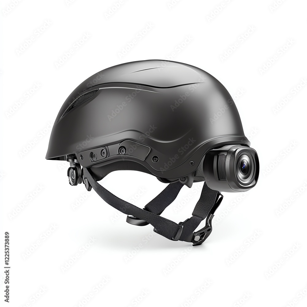 Fototapeta premium A sleek black helmet equipped with an action camera for capturing thrilling moments during sports activities. Ideal for adventure seekers and outdoor enthusiasts.