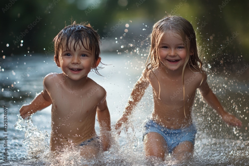 Two children happily playing in the water on a sunny day Two children happily playing in the water on a sunny day