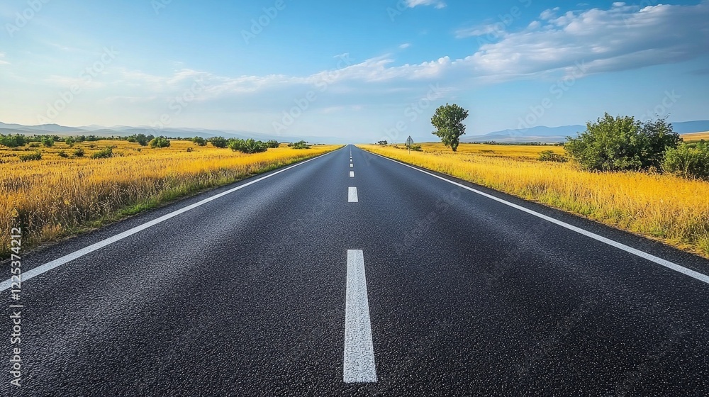 Fototapeta premium A smooth highway stretching through miles of prairie, with the horizon barely visible. 