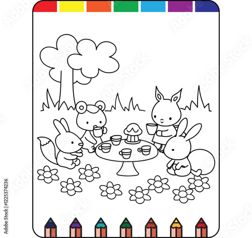 Charming Tea Party Coloring Pages for Kids, Kids Tea Time Coloring Pages, Tea Party Adventure Coloring Pages for Kids