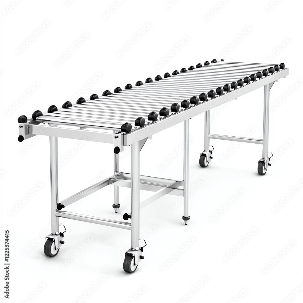 A sleek metallic conveyor table with rollers, designed for efficient material handling in warehouses A sleek metallic conveyor table with rollers, designed for efficient material handling in warehouses