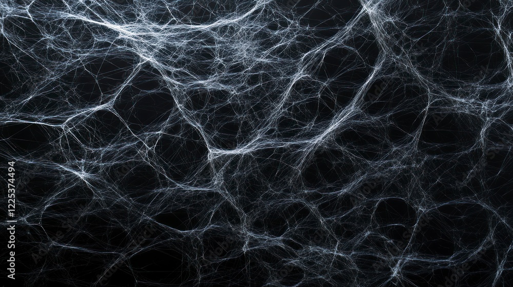 Fototapeta premium Abstract white spider webs on a black background, line art, flat lay, top view, high resolution, high contrast