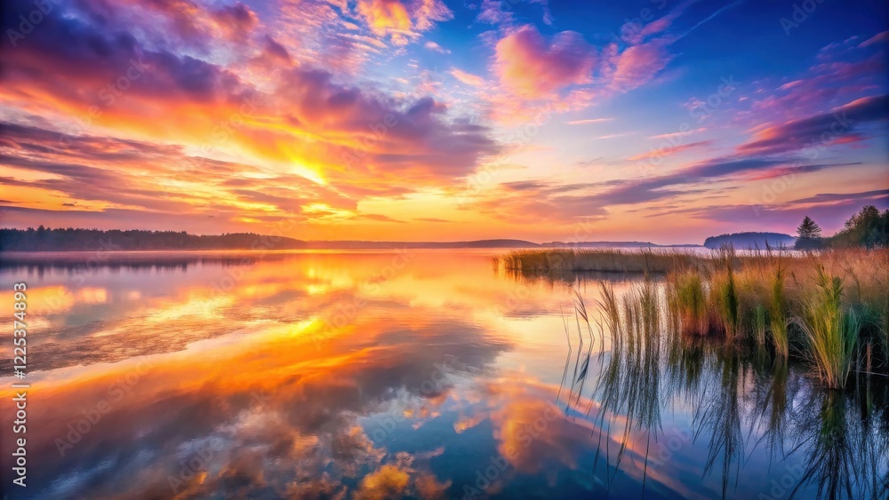 Fototapeta premium Serene Sunset Reflection on Calm Lake Water with Reeds