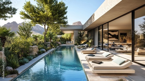 Wallpaper Mural A sleek, contemporary patio oasis with a shimmering infinity pool, stylish lounge chairs, and lush vegetation in the middle of a desert in an opulent Las Vegas property Torontodigital.ca