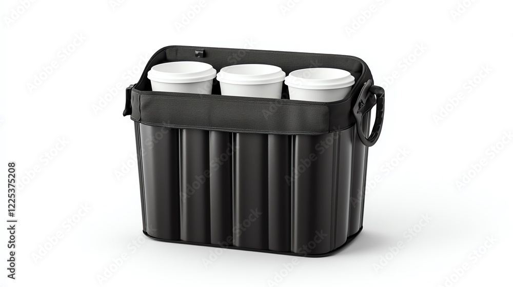 A stylish black container designed to hold three white coffee cups, perfect for organizing drinks at home or on the go, set against a clean white background. A stylish black container designed to hold three white coffee cups, perfect for organizing drinks at home or on the go, set against a clean white background.